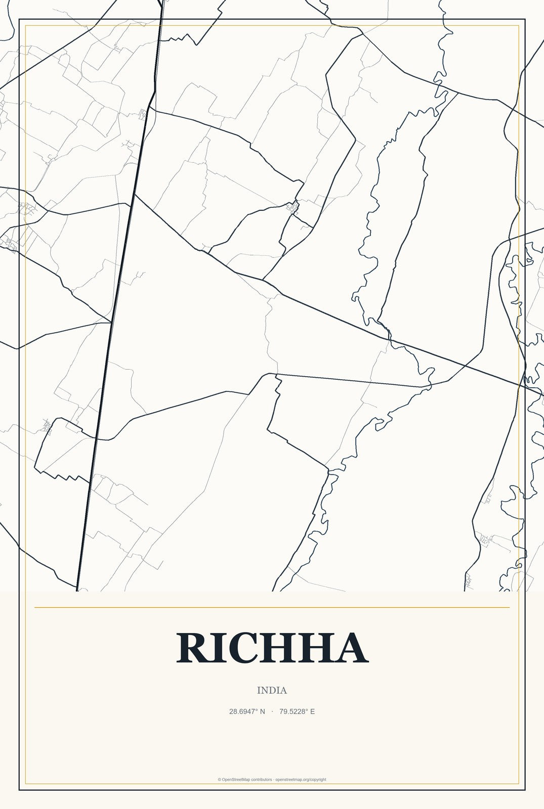Richha, India City Map Aluminum Sign in Citrine Modern style