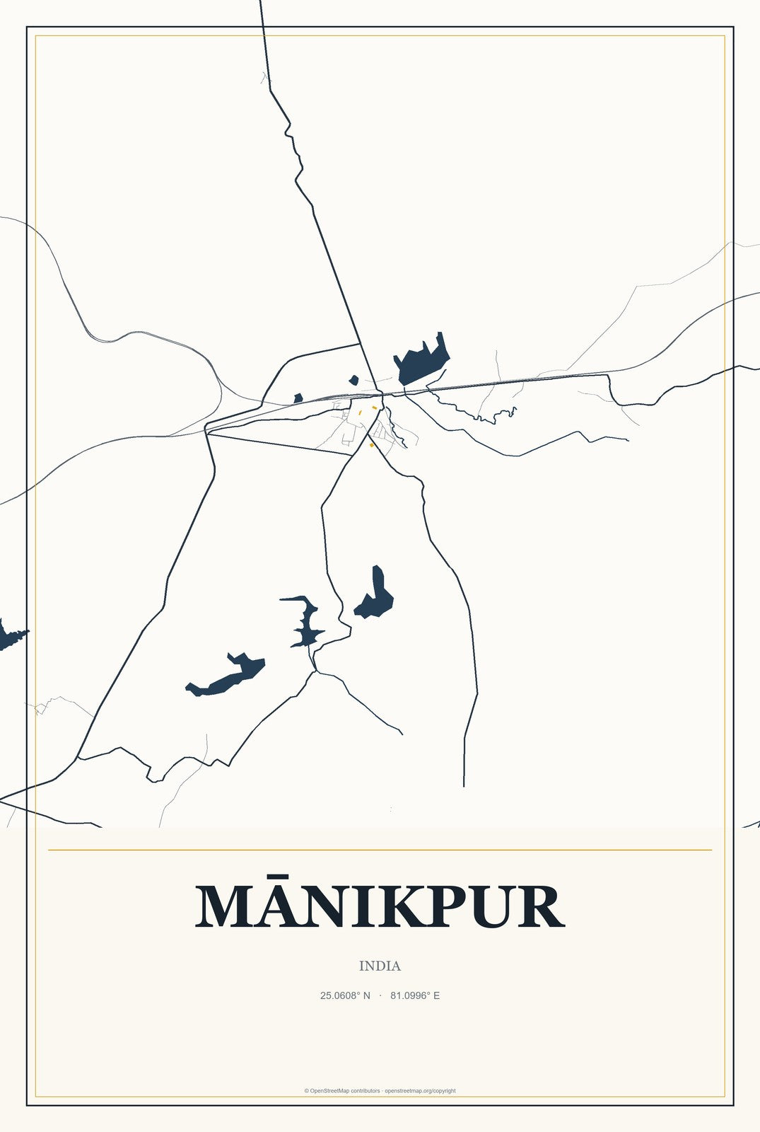 Mānikpur, India City Map Aluminum Sign in Citrine Modern style