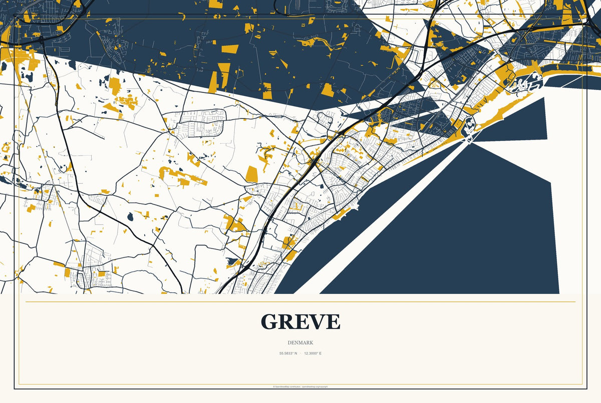 Greve, Denmark City Map Aluminum Sign in Citrine Modern style