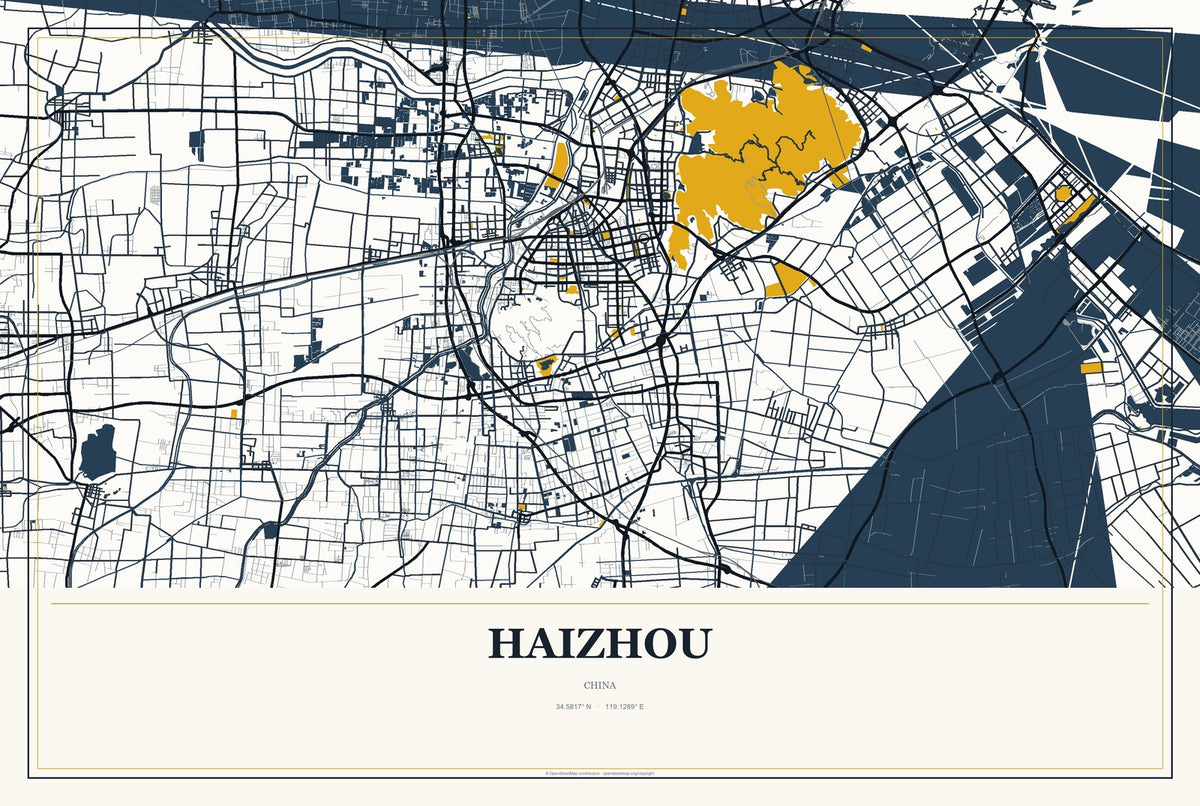 Haizhou, China City Map Aluminum Sign in Citrine Modern style
