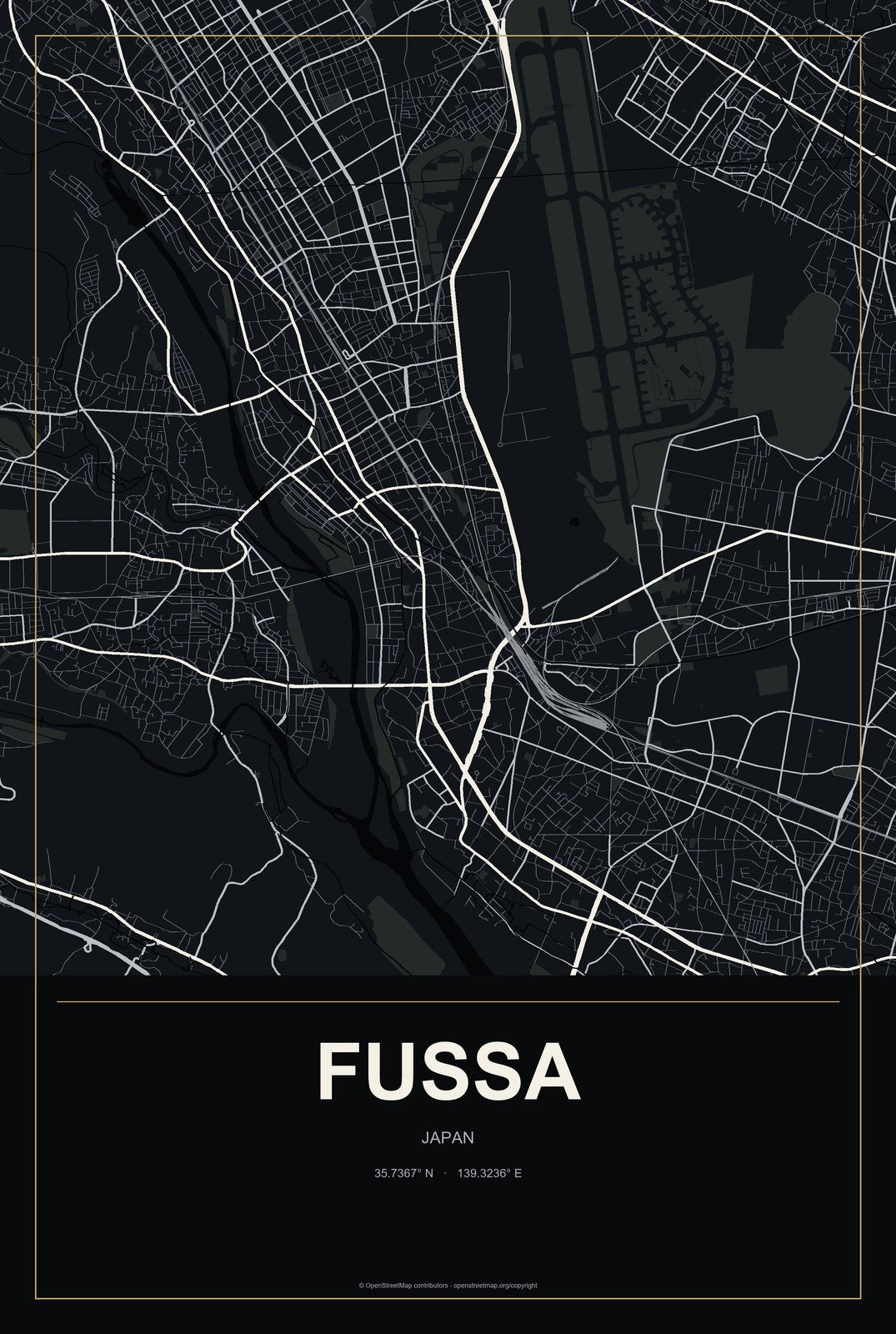 Fussa, Japan City Map Aluminum Sign in Metropolitan Noir style