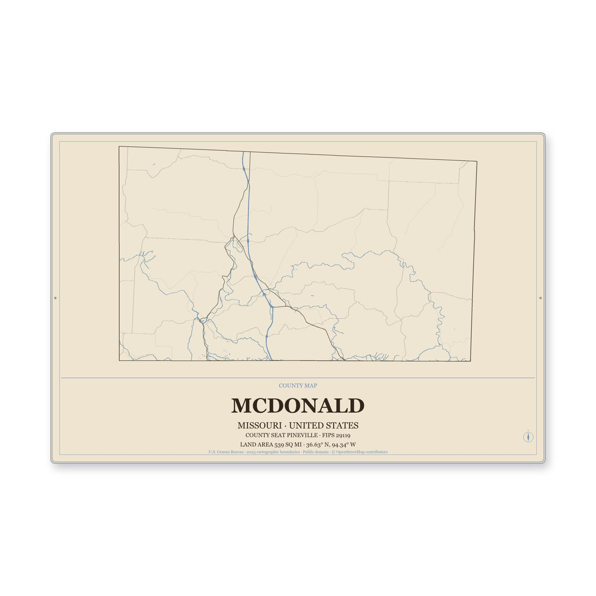 McDonald County, Missouri Map Aluminum Sign in Heritage Nautical style