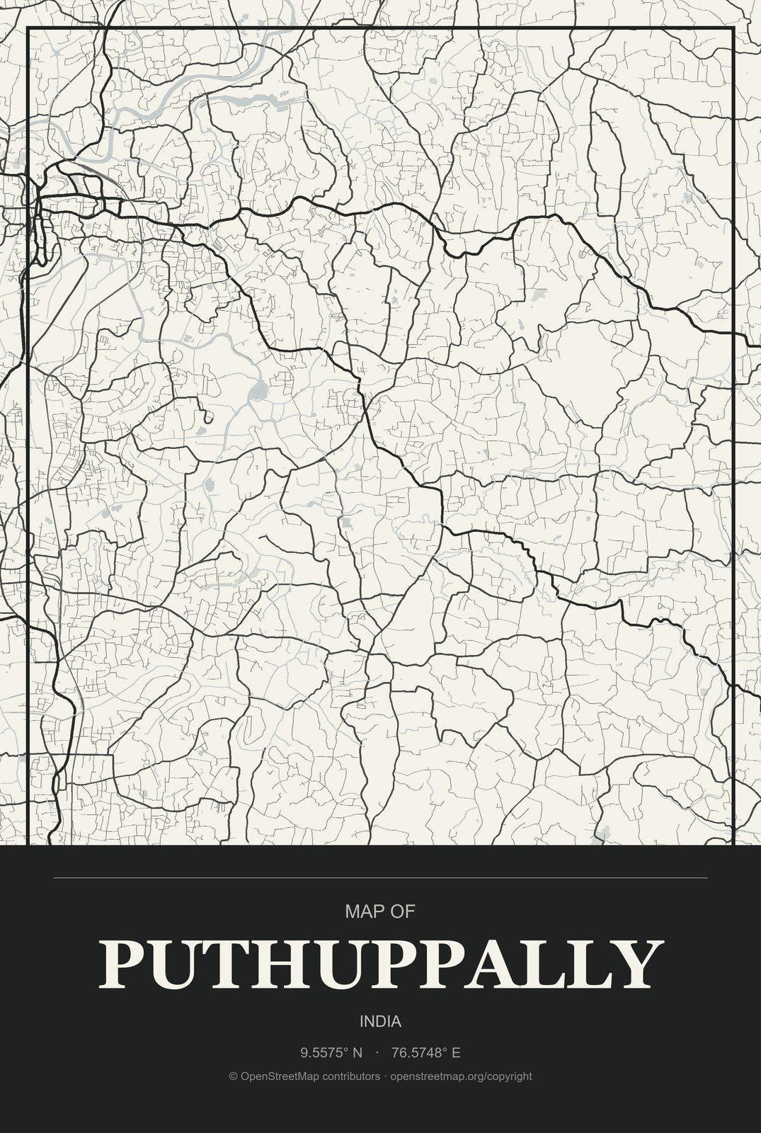 Puthuppally, India City Map Aluminum Sign in Museum Plaque style