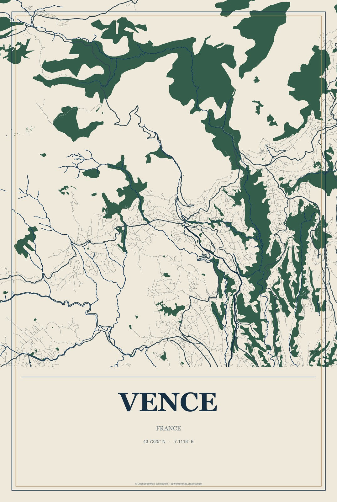 Vence, France City Map Aluminum Sign in Coastal Cutout style