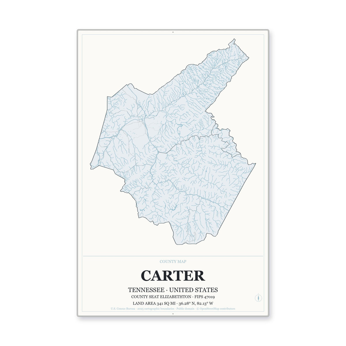 Carter County, Tennessee Map Aluminum Sign in Gallery Air style