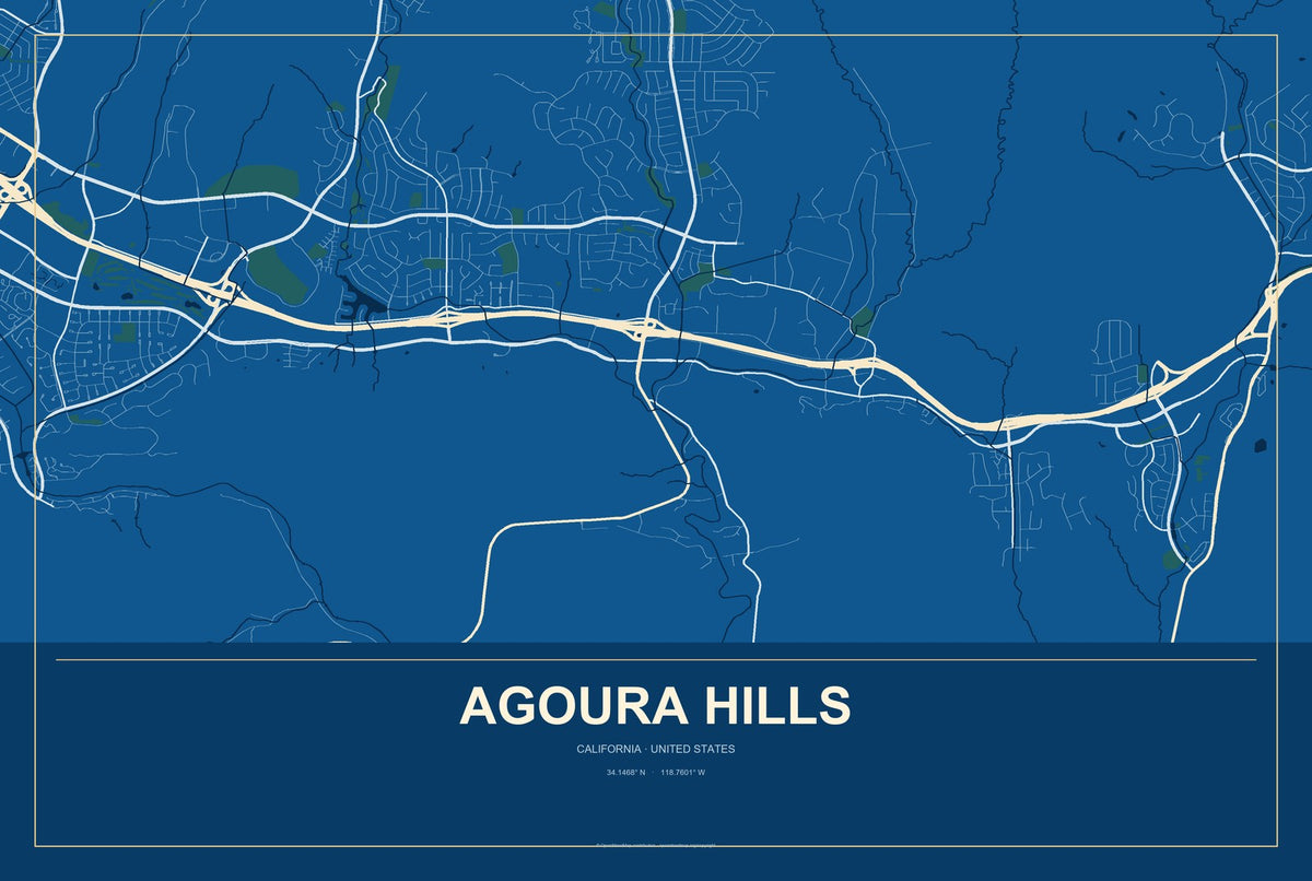 Agoura Hills, California City Map Aluminum Sign in Harbor Cobalt style