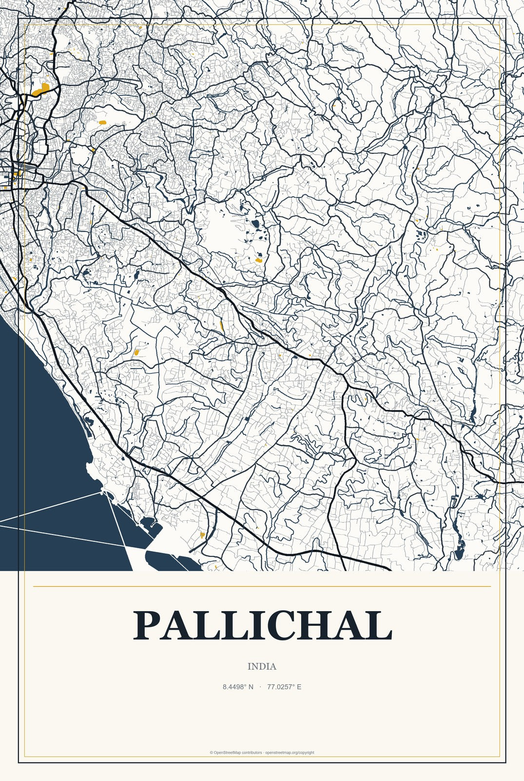Pallichal, India City Map Aluminum Sign in Citrine Modern style
