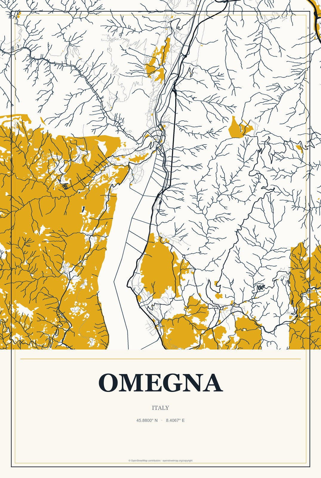 Omegna, Italy City Map Aluminum Sign in Citrine Modern style