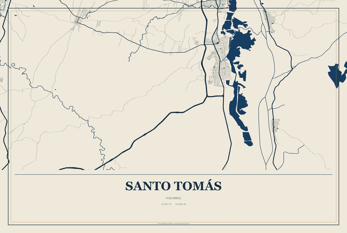 Santo Tomás, Colombia City Map Aluminum Sign in Coastal Cutout style