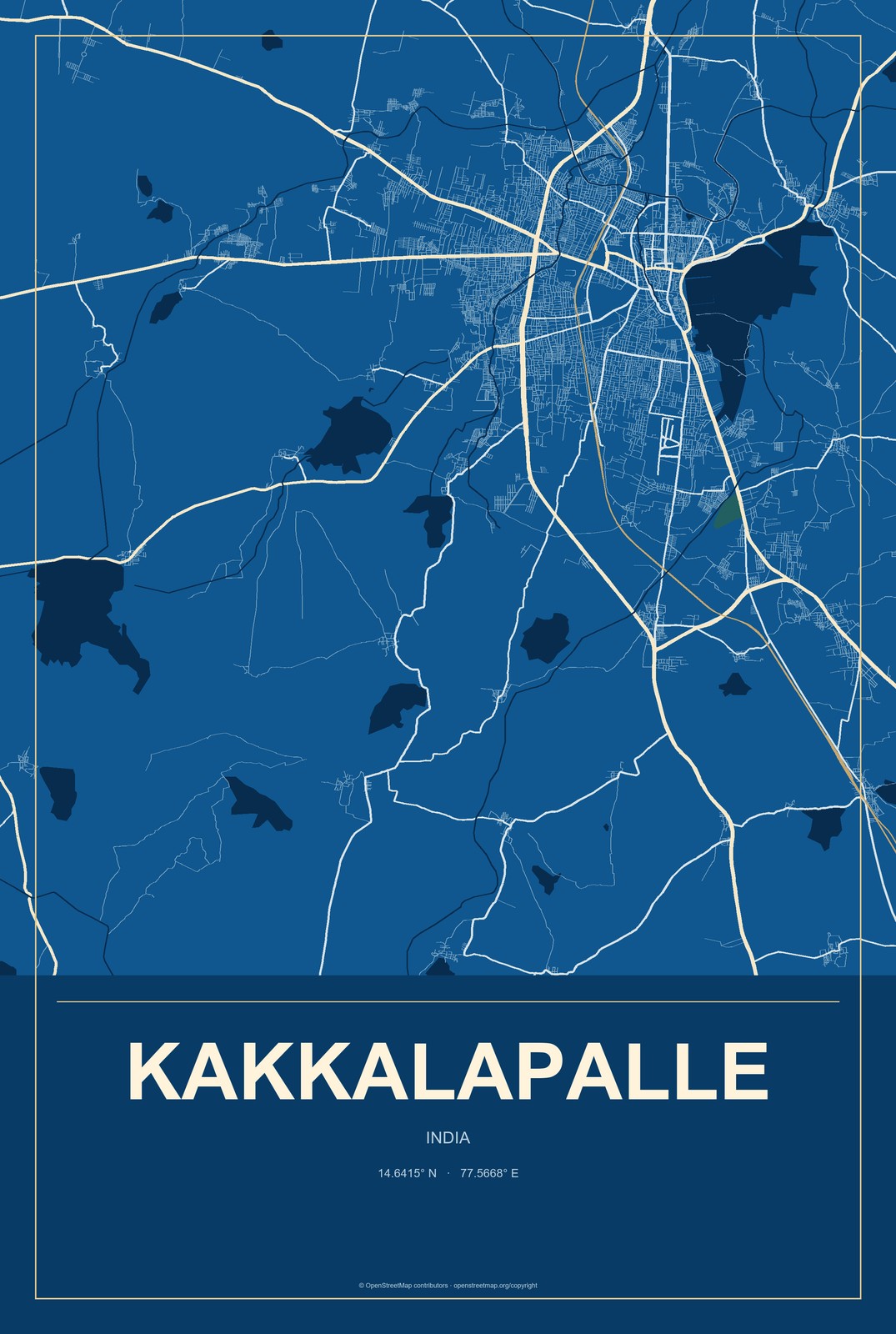 Kakkalapalle, India City Map Aluminum Sign in Harbor Cobalt style