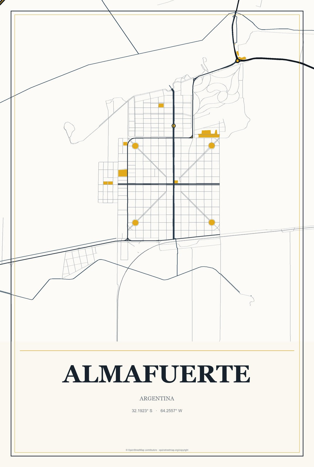 Almafuerte, Argentina City Map Aluminum Sign in Citrine Modern style