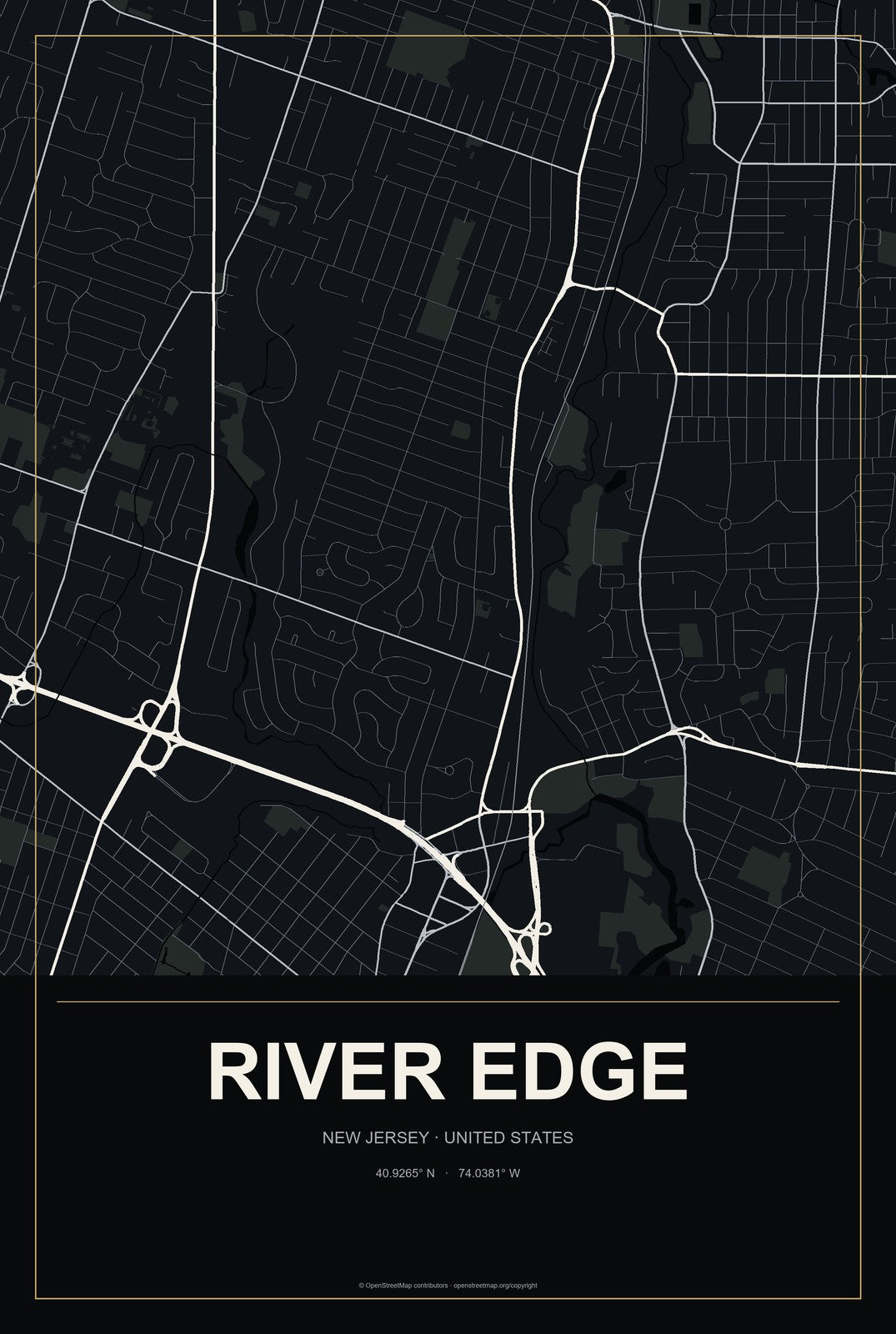 River Edge, New Jersey City Map Aluminum Sign in Metropolitan Noir style