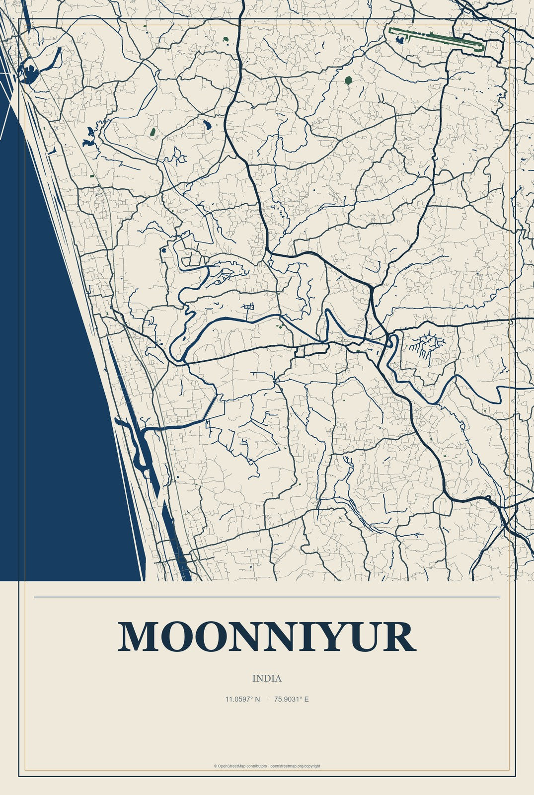 Moonniyur, India City Map Aluminum Sign in Coastal Cutout style