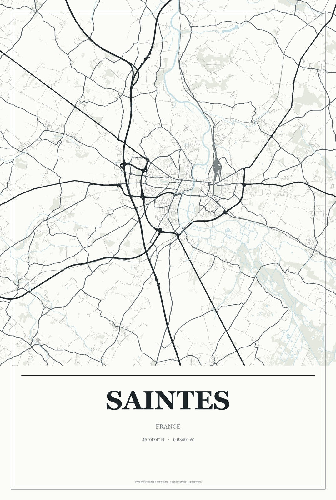 Saintes, France City Map Aluminum Sign in Gallery Air style