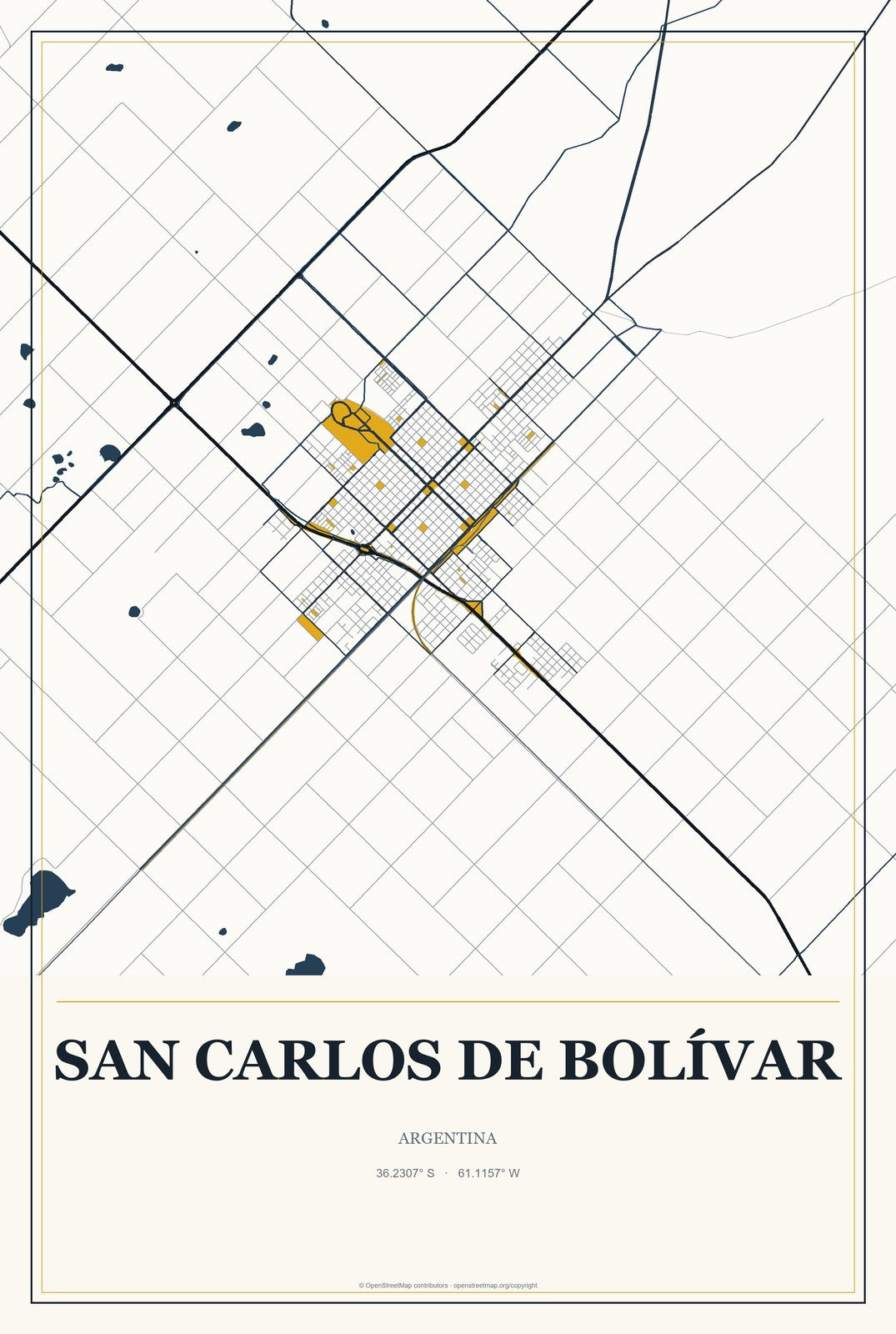 San Carlos de Bolívar, Argentina City Map Aluminum Sign in Citrine Modern style