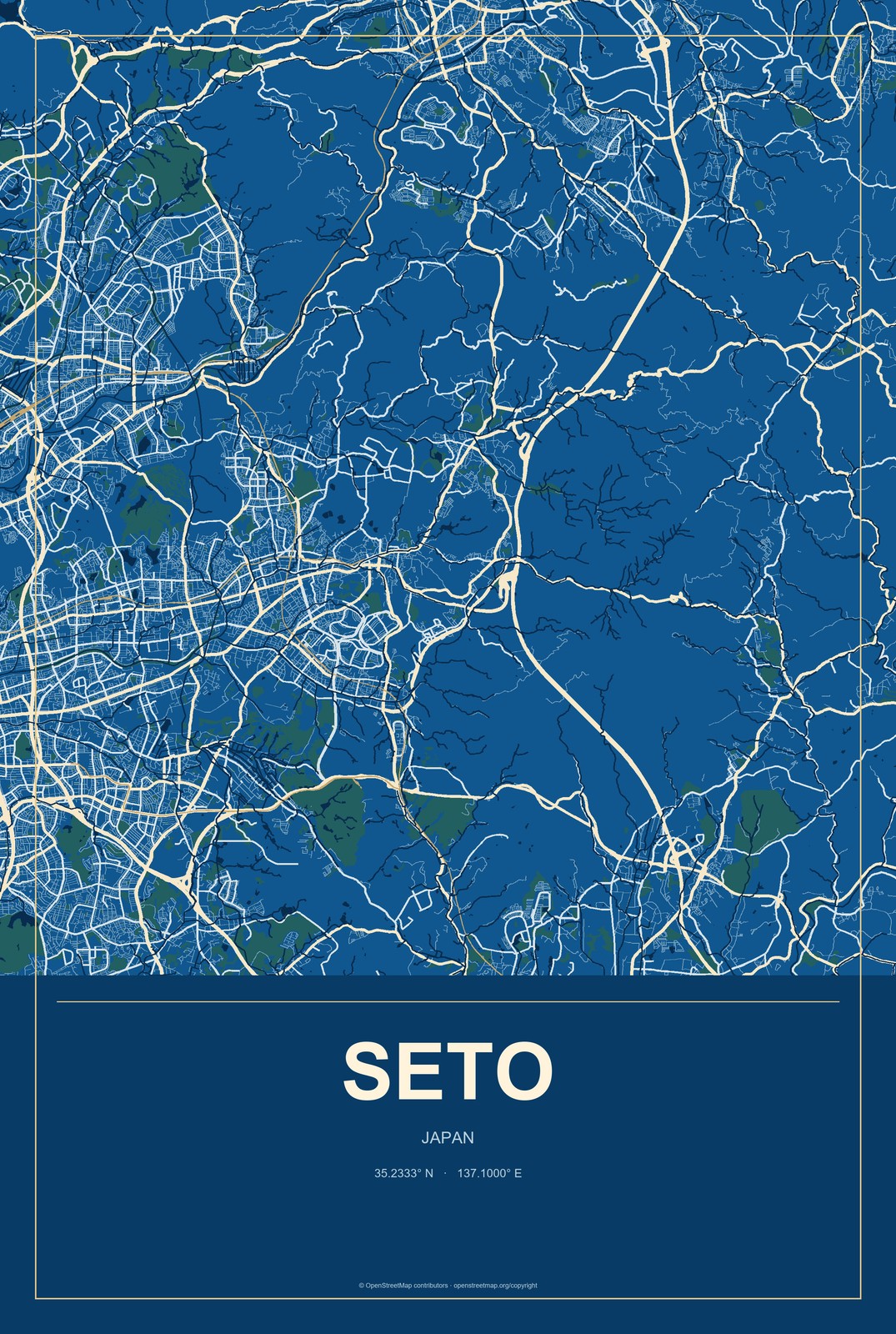 Seto, Japan City Map Aluminum Sign in Harbor Cobalt style