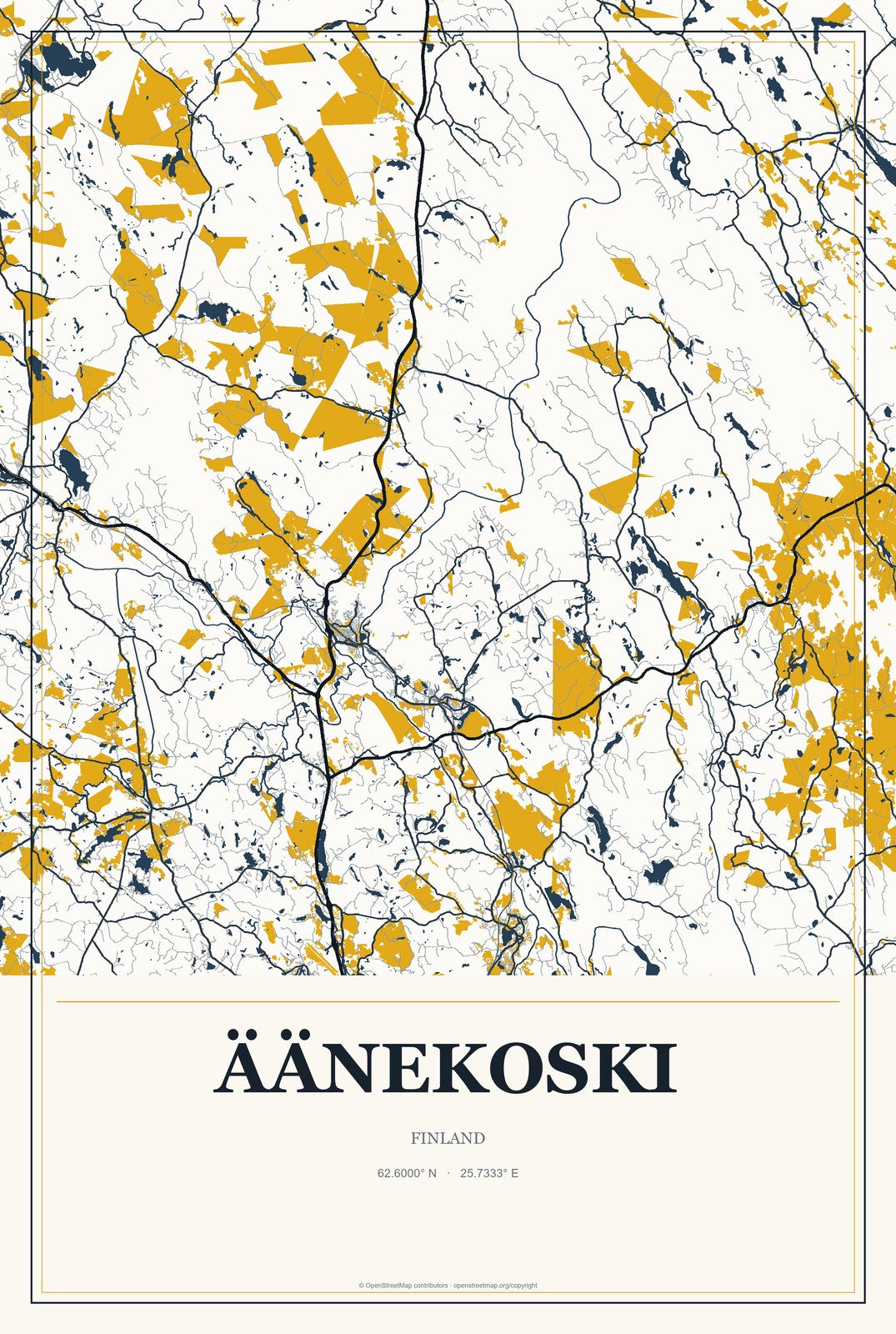 Äänekoski, Finland City Map Aluminum Sign in Citrine Modern style