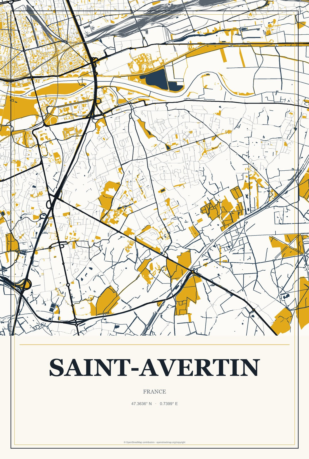 Saint-Avertin, France City Map Aluminum Sign in Citrine Modern style