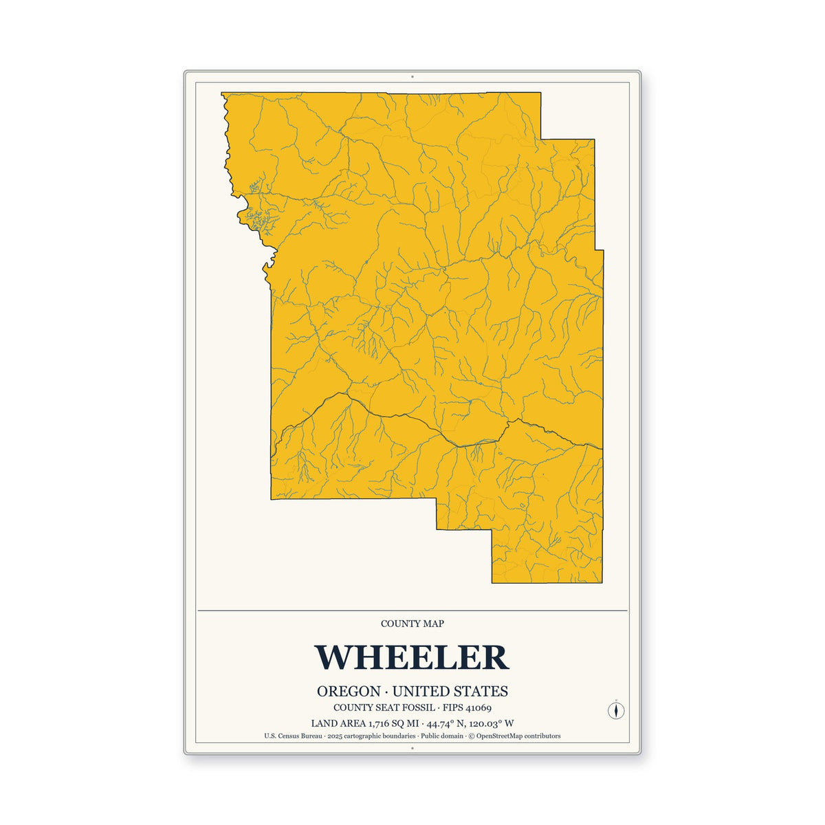 Wheeler County, Oregon Map Aluminum Sign in Citrine Modern style