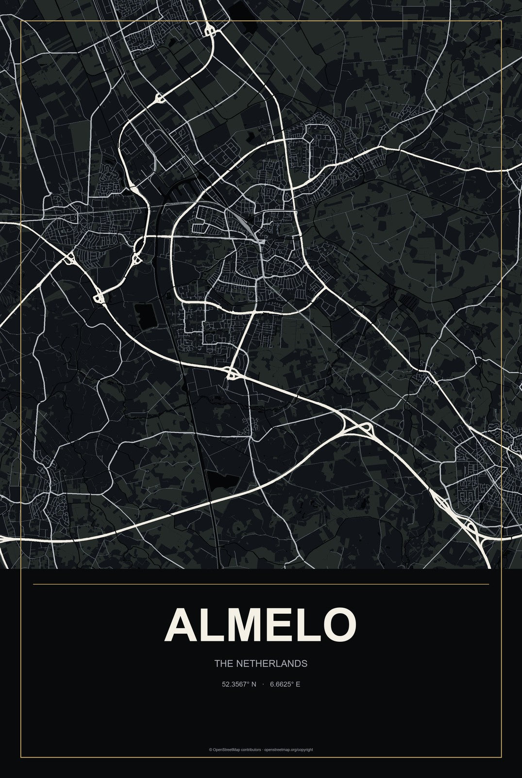 Almelo, The Netherlands City Map Aluminum Sign in Metropolitan Noir style