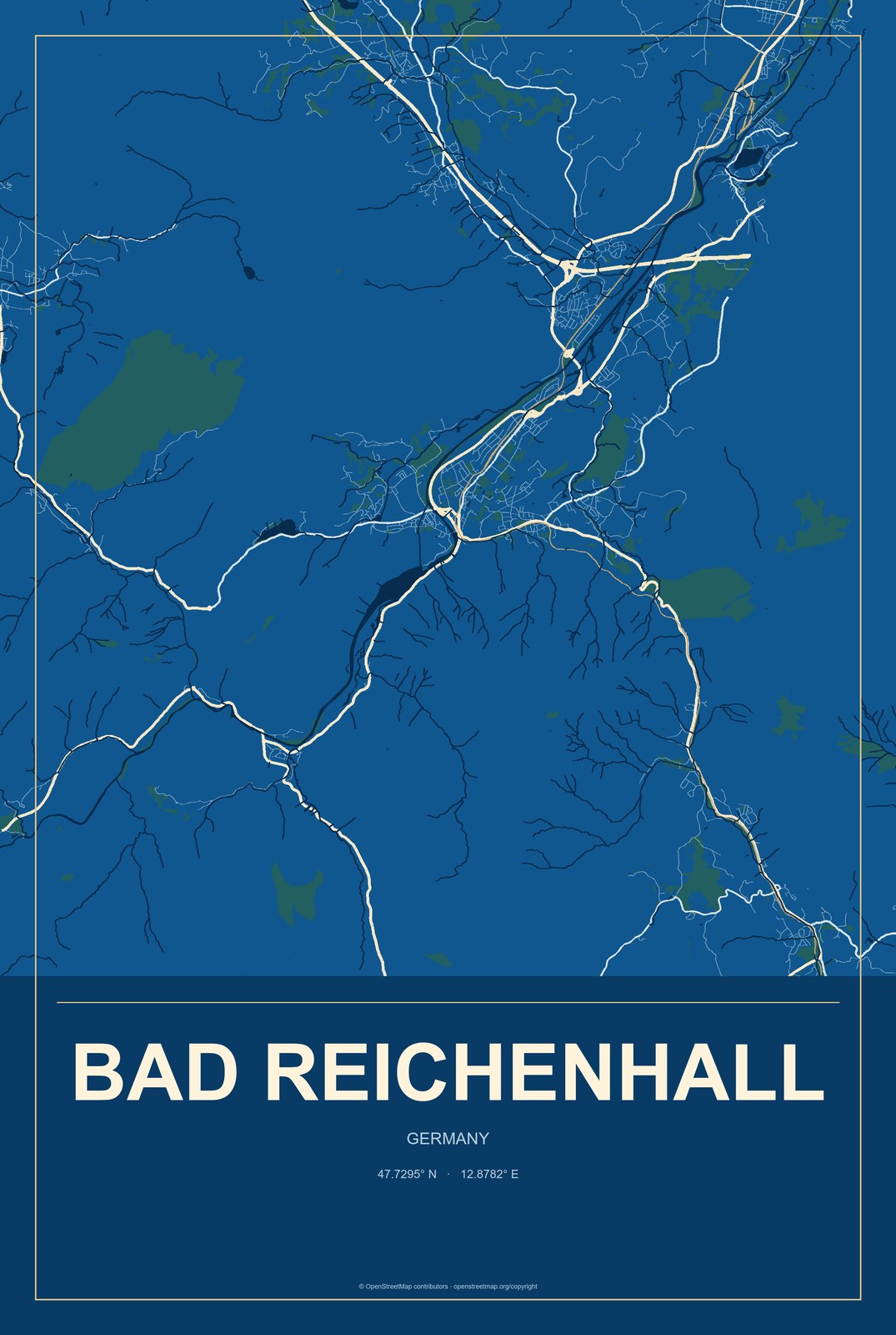 Bad Reichenhall, Germany City Map Aluminum Sign in Harbor Cobalt style