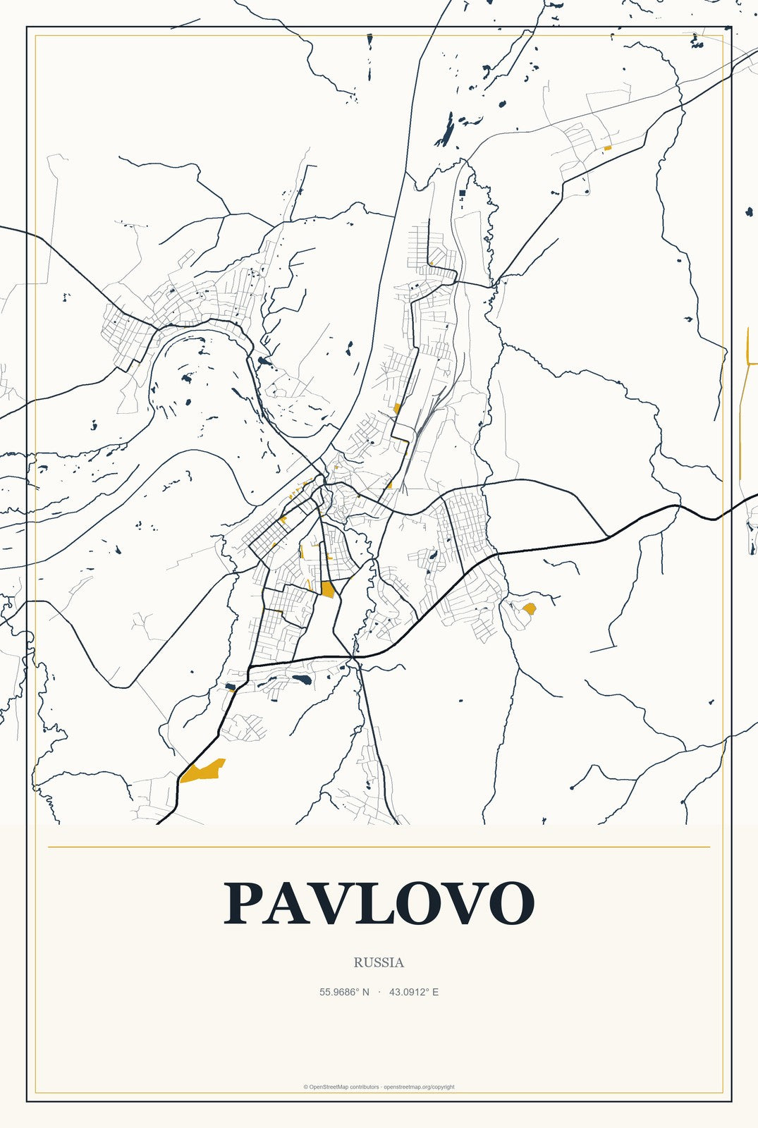 Pavlovo, Russia City Map Aluminum Sign in Citrine Modern style