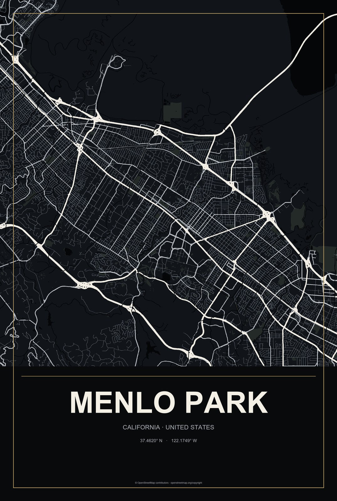 Menlo Park, California City Map Aluminum Sign in Metropolitan Noir style