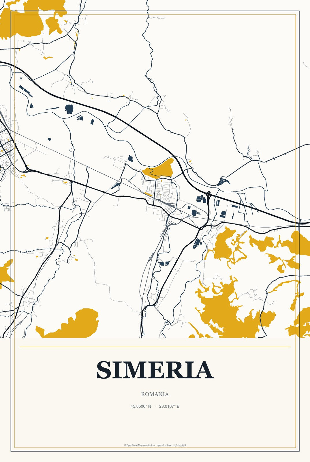 Simeria, Romania City Map Aluminum Sign in Citrine Modern style