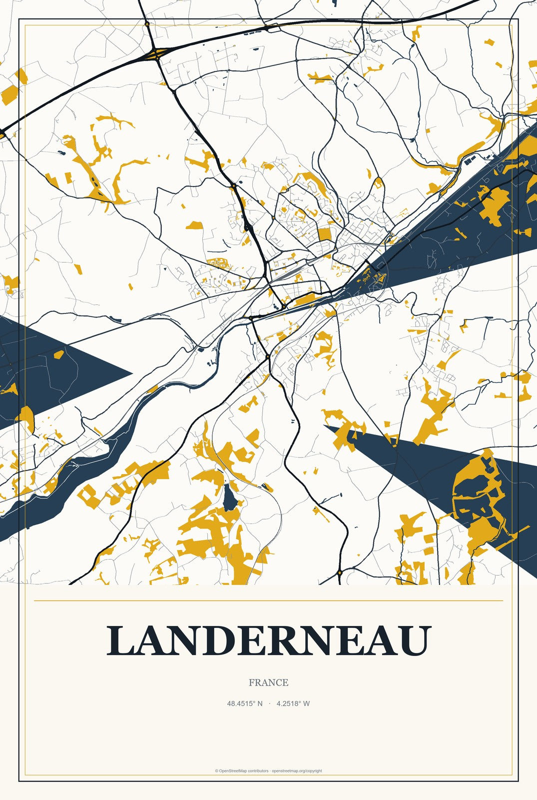 Landerneau, France City Map Aluminum Sign in Citrine Modern style