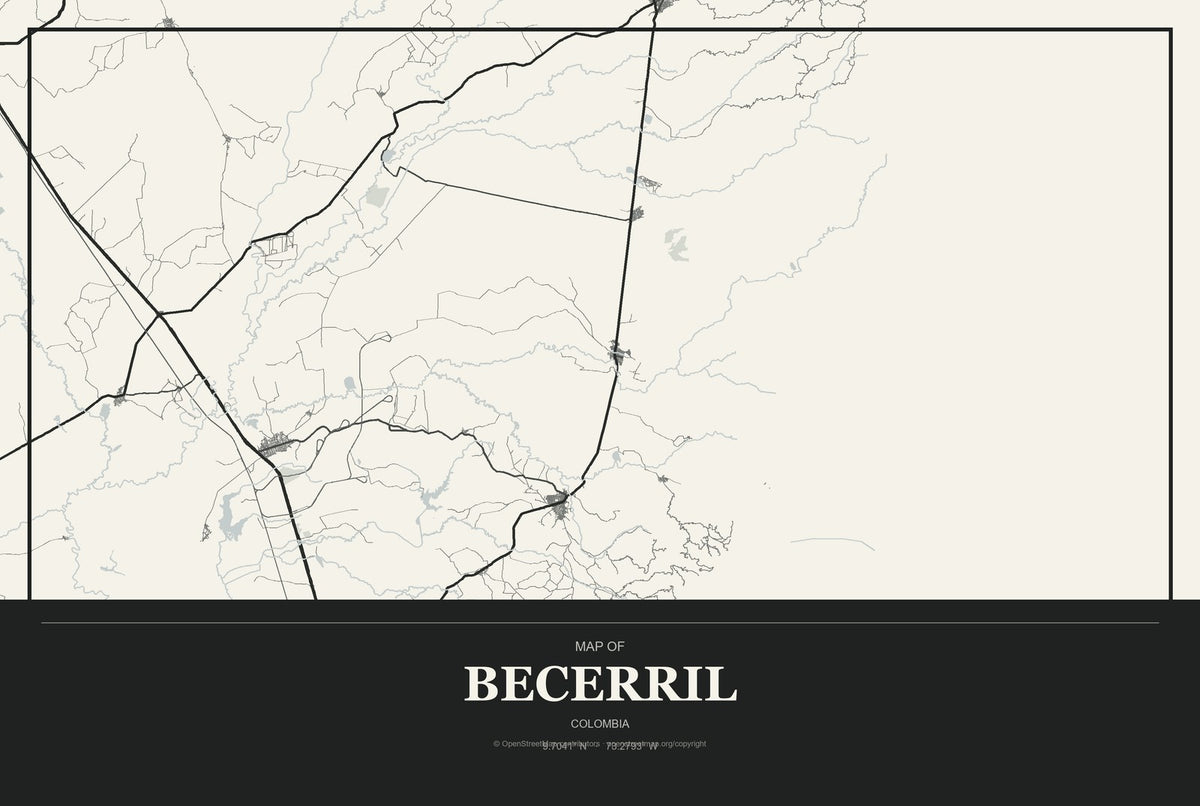 Becerril, Colombia City Map Aluminum Sign in Museum Plaque style