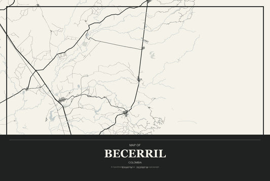 Becerril, Colombia City Map Aluminum Sign in Museum Plaque style
