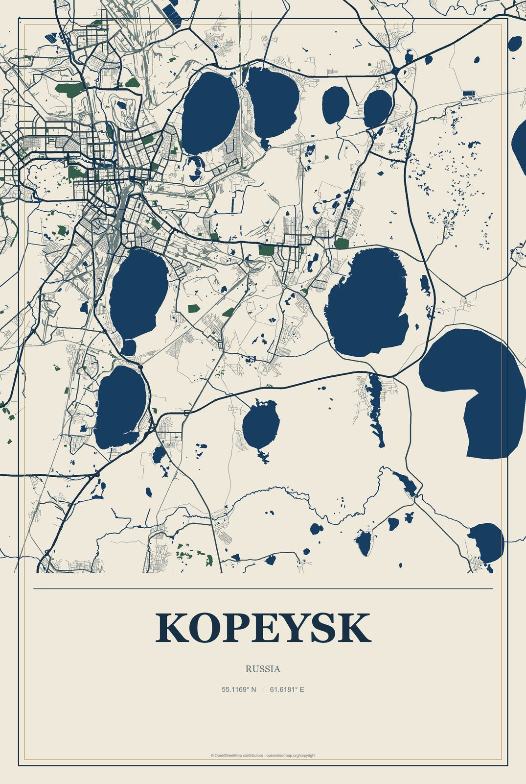 Kopeysk, Russia City Map Aluminum Sign in Coastal Cutout style
