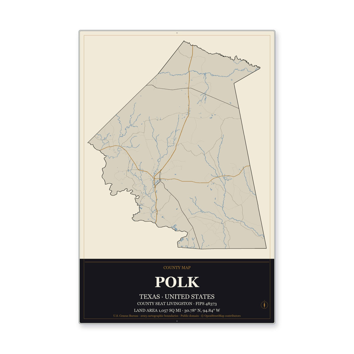 Polk County, Texas Map Aluminum Sign in Museum Plaque style