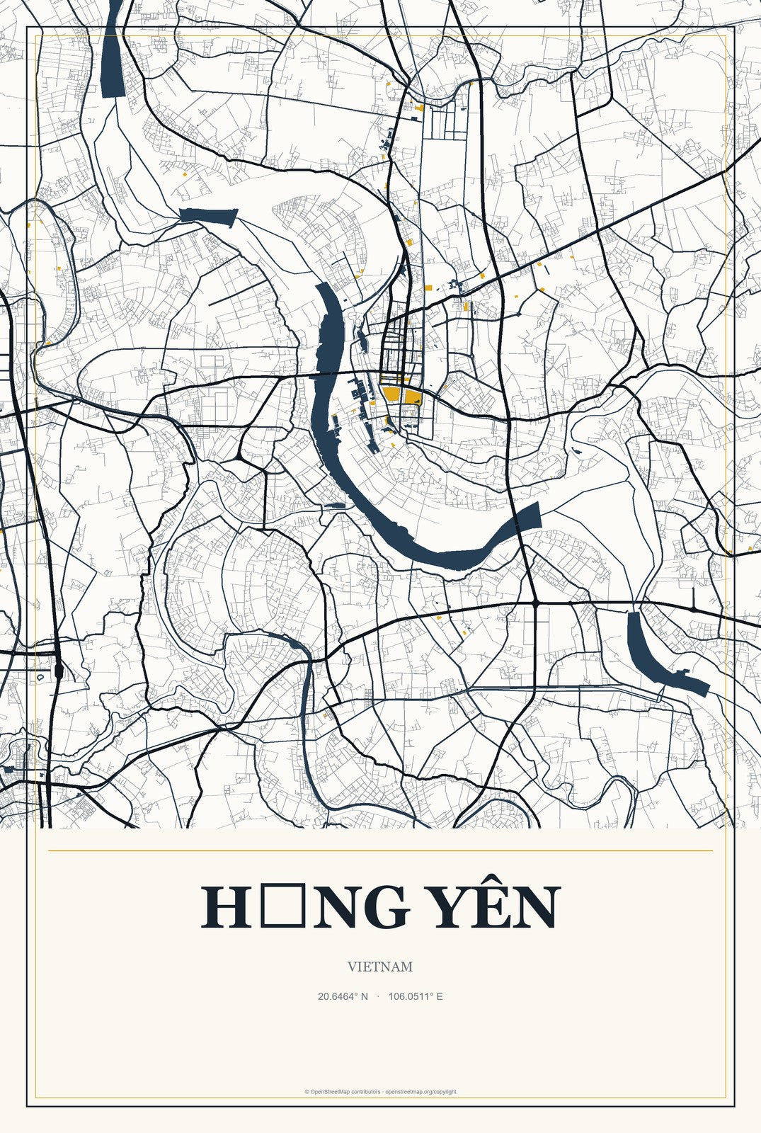 Hưng Yên, Vietnam City Map Aluminum Sign in Citrine Modern style