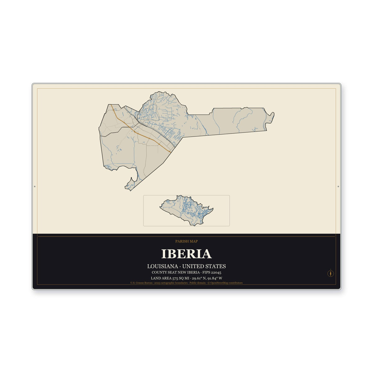Iberia Parish, Louisiana Map Aluminum Sign in Museum Plaque style
