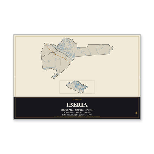 Iberia Parish, Louisiana Map Aluminum Sign in Museum Plaque style