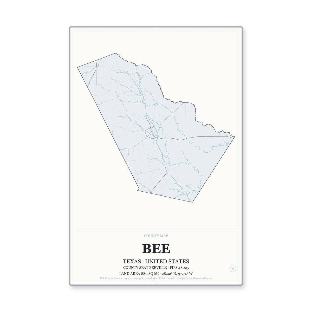 Bee County, Texas Map Aluminum Sign in Gallery Air style