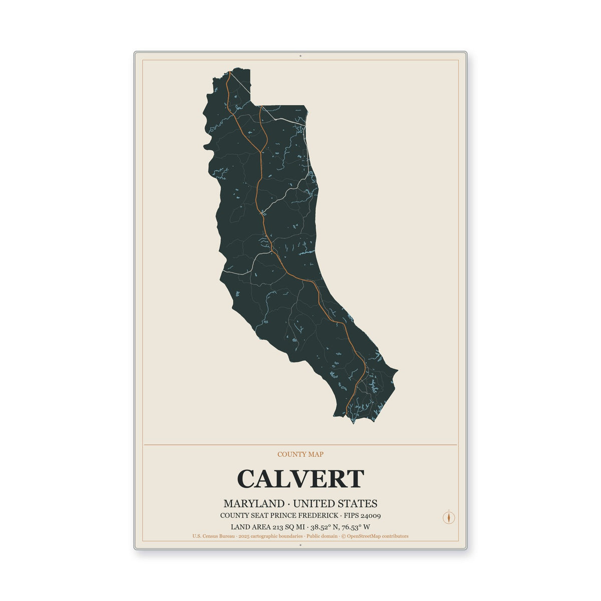 Calvert County, Maryland Map Aluminum Sign in Headline Atlas style