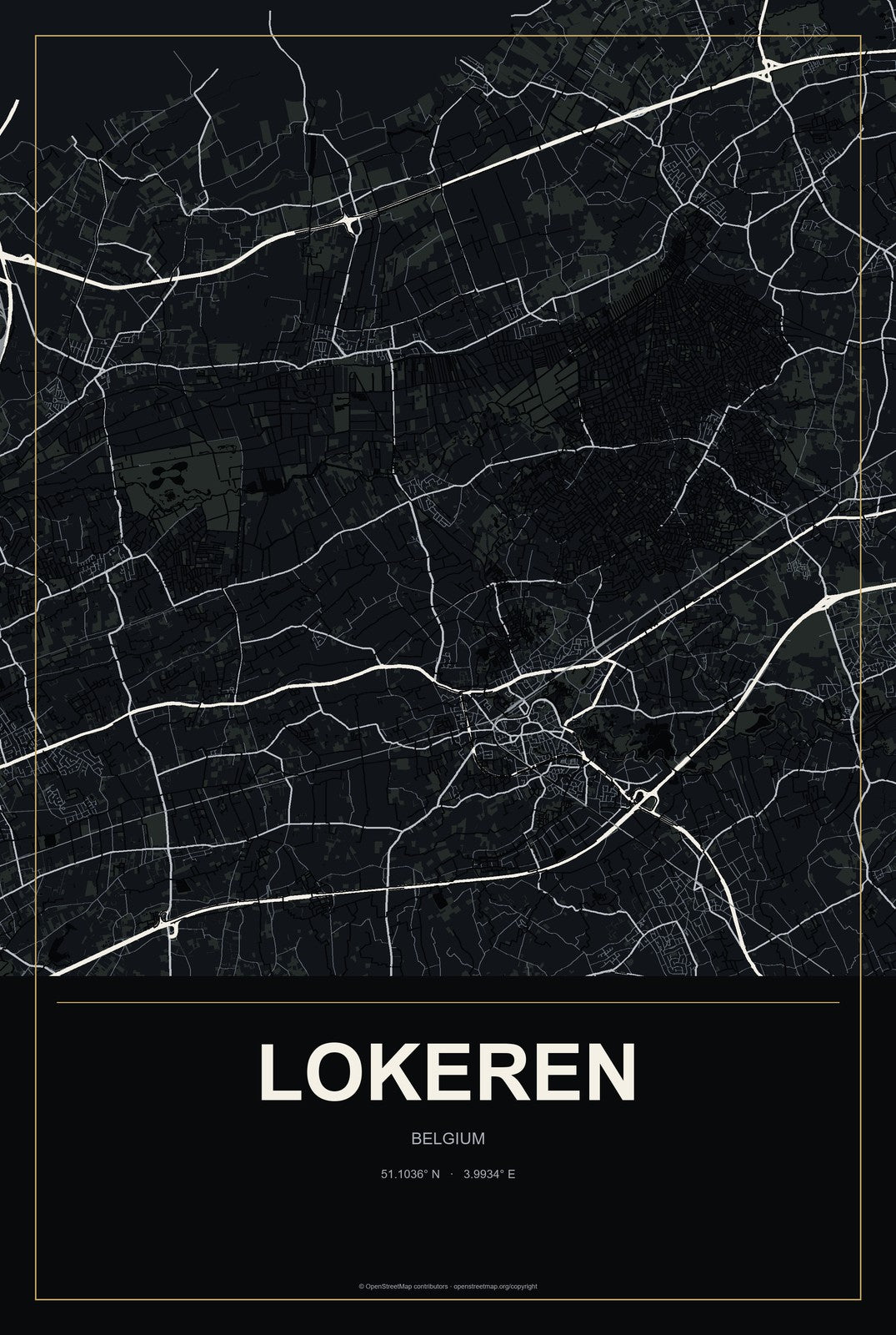 Lokeren, Belgium City Map Aluminum Sign in Metropolitan Noir style