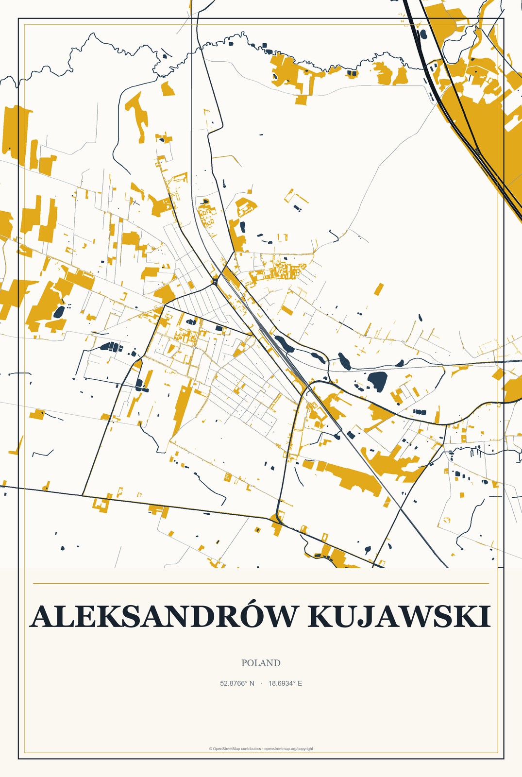 Aleksandrów Kujawski, Poland City Map Aluminum Sign in Citrine Modern style