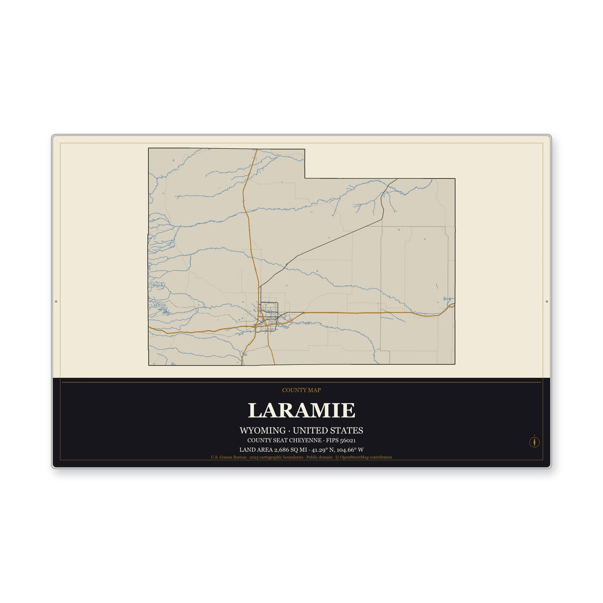 Laramie County, Wyoming Map Aluminum Sign in Museum Plaque style