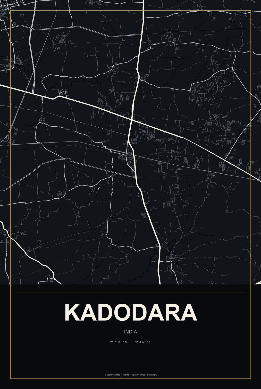 Kadodara, India City Map Aluminum Sign in Metropolitan Noir style