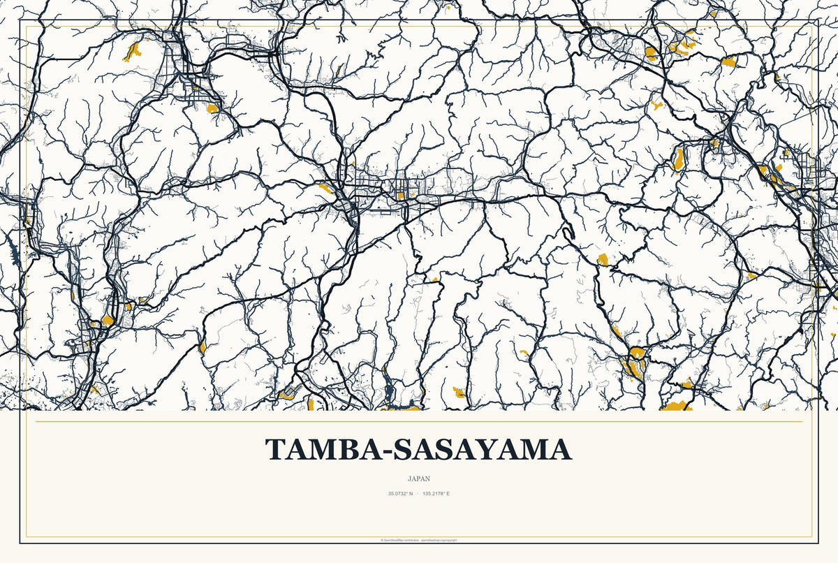 Tamba-Sasayama, Japan City Map Aluminum Sign in Citrine Modern style