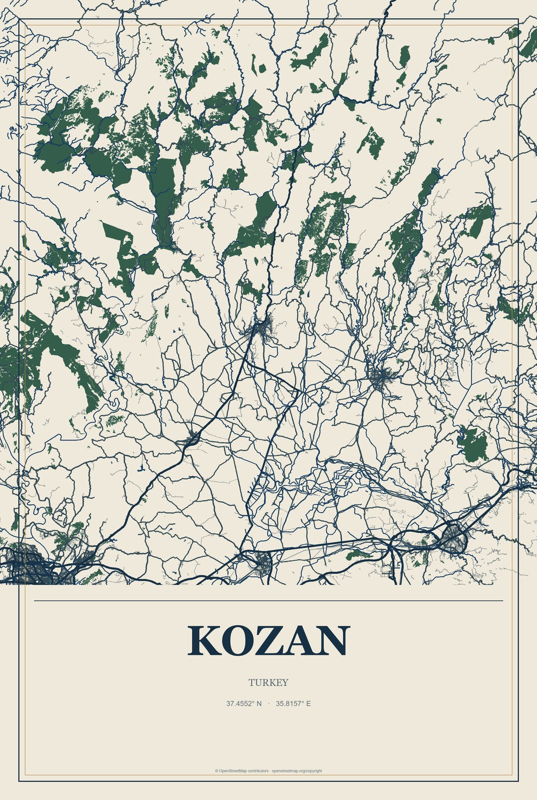 Kozan, Turkey City Map Aluminum Sign in Coastal Cutout style