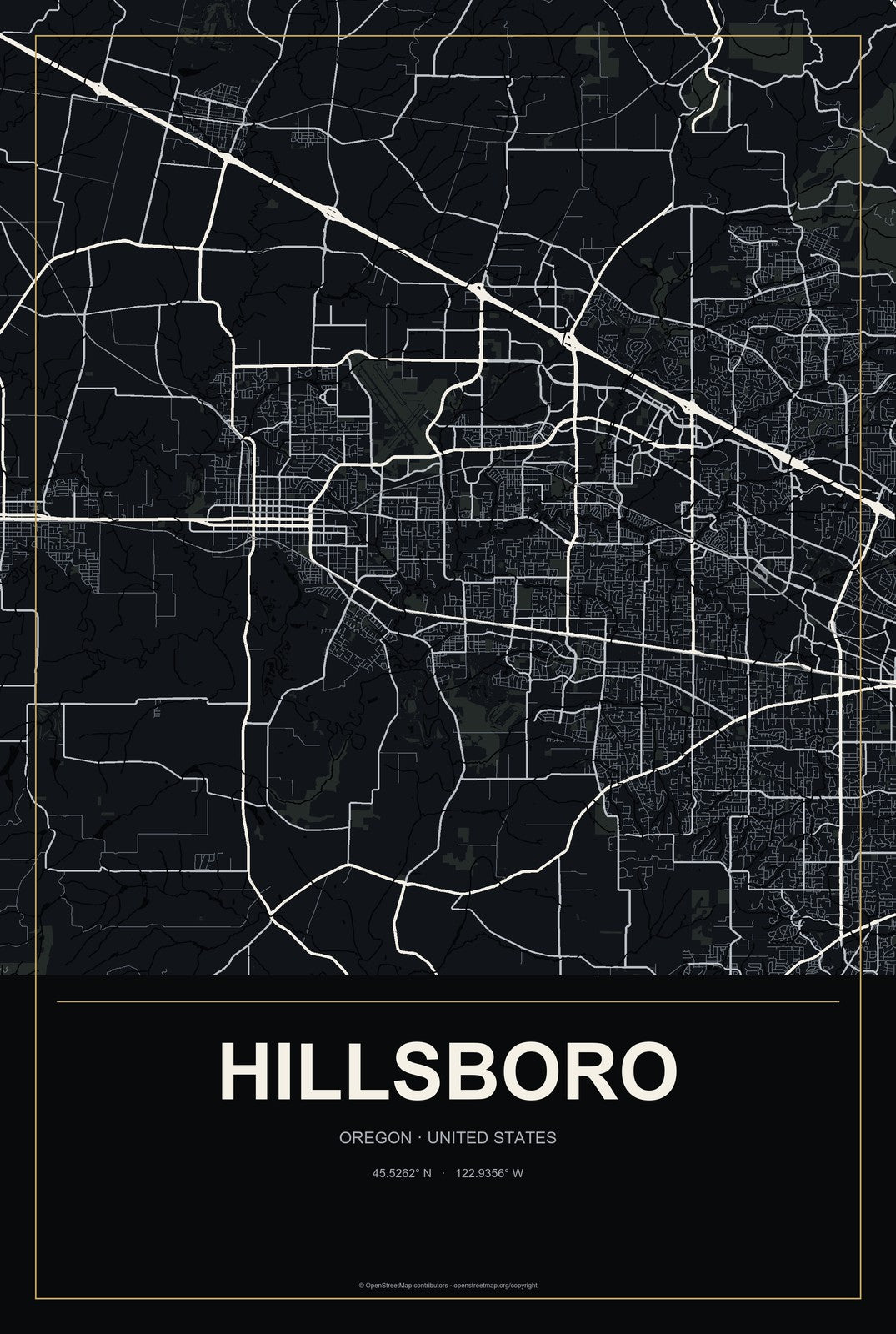 Hillsboro, Oregon City Map Aluminum Sign in Metropolitan Noir style