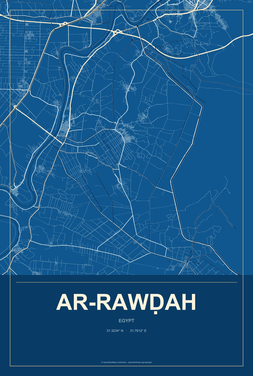 Ar-Rawḍah, Egypt City Map Aluminum Sign in Harbor Cobalt style