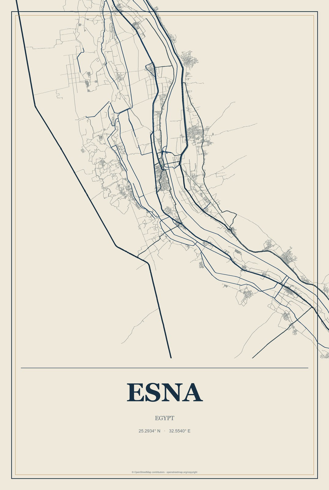 Esna, Egypt City Map Aluminum Sign in Coastal Cutout style