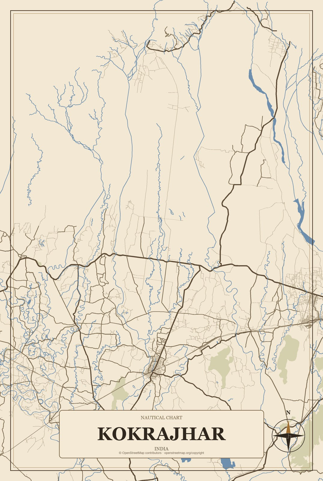 Kokrajhar, India City Map Aluminum Sign in Heritage Nautical style