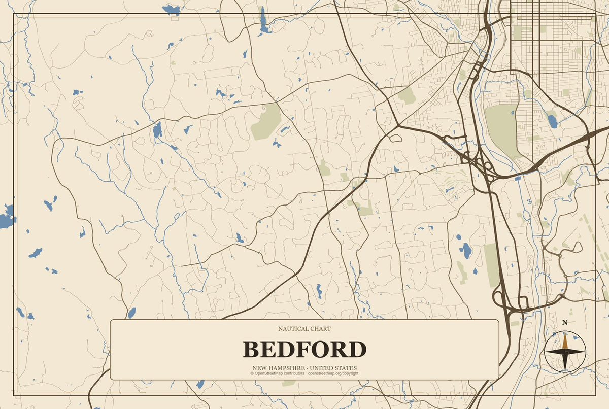 Bedford, New Hampshire City Map Aluminum Sign in Heritage Nautical style