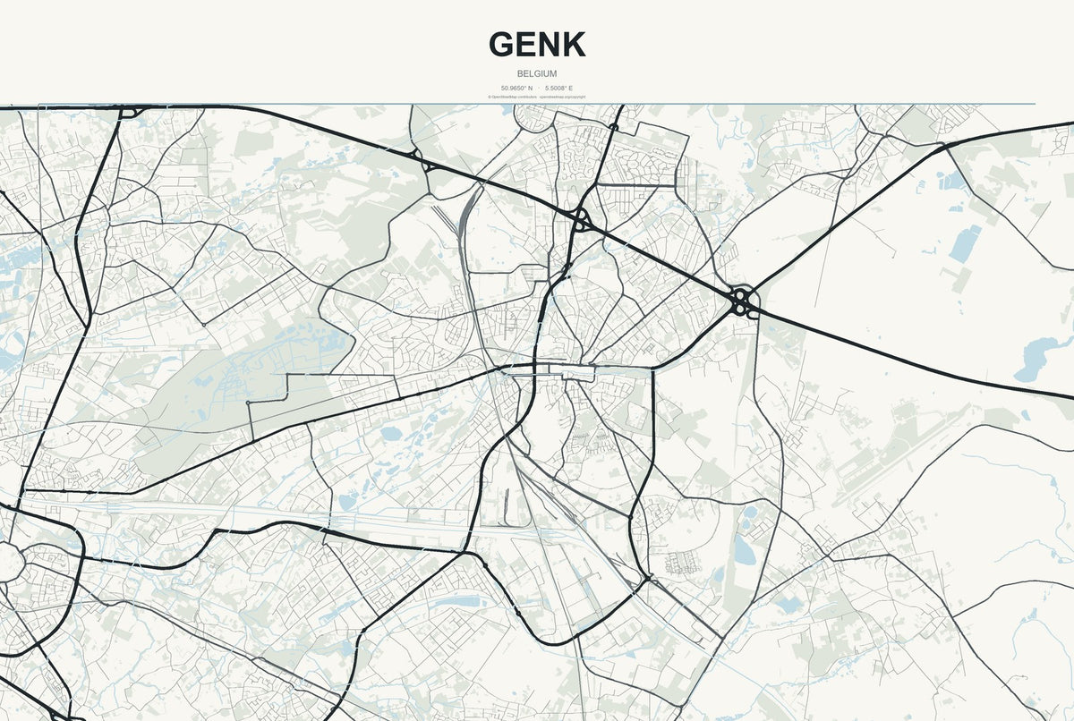 Genk, Belgium City Map Aluminum Sign in Headline Atlas style